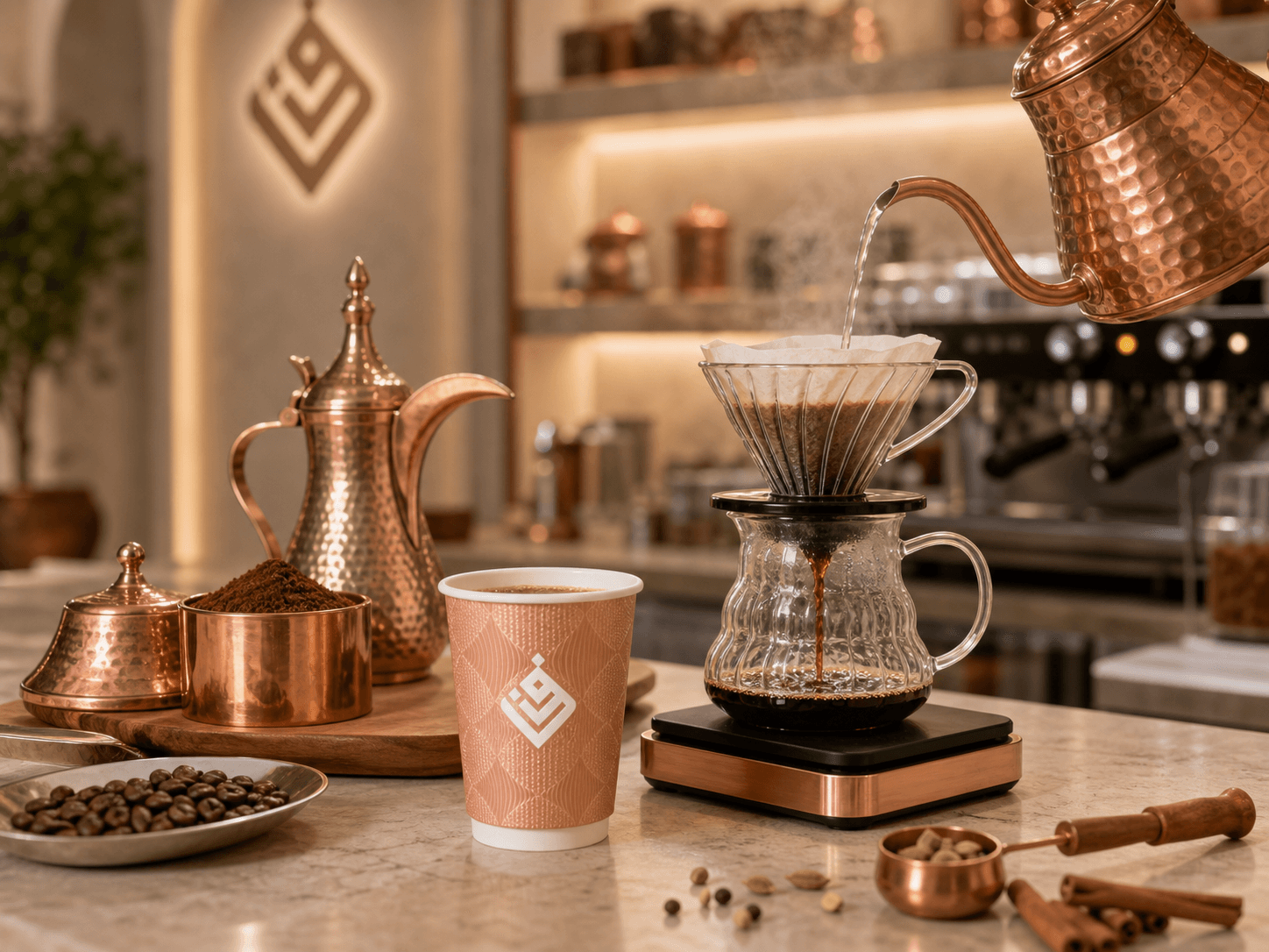 Copper coffee tools and a pour-over setup on a warm cafe counter