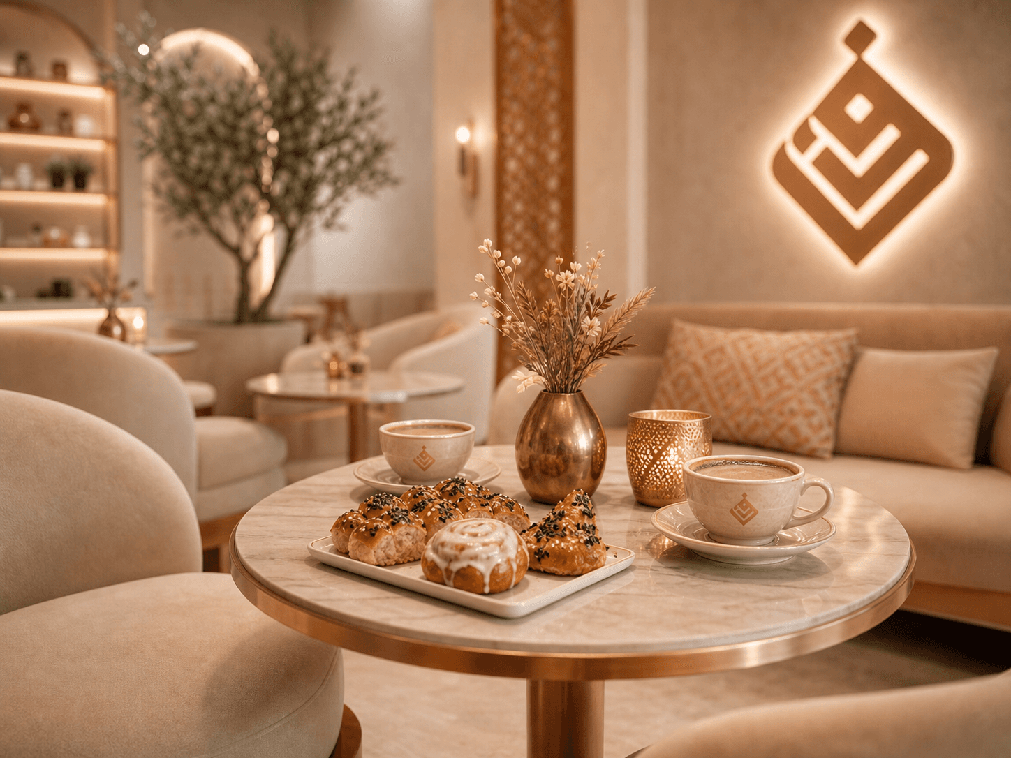 A warm Fenn Coffee House table with cups, pastries, and lounge seating