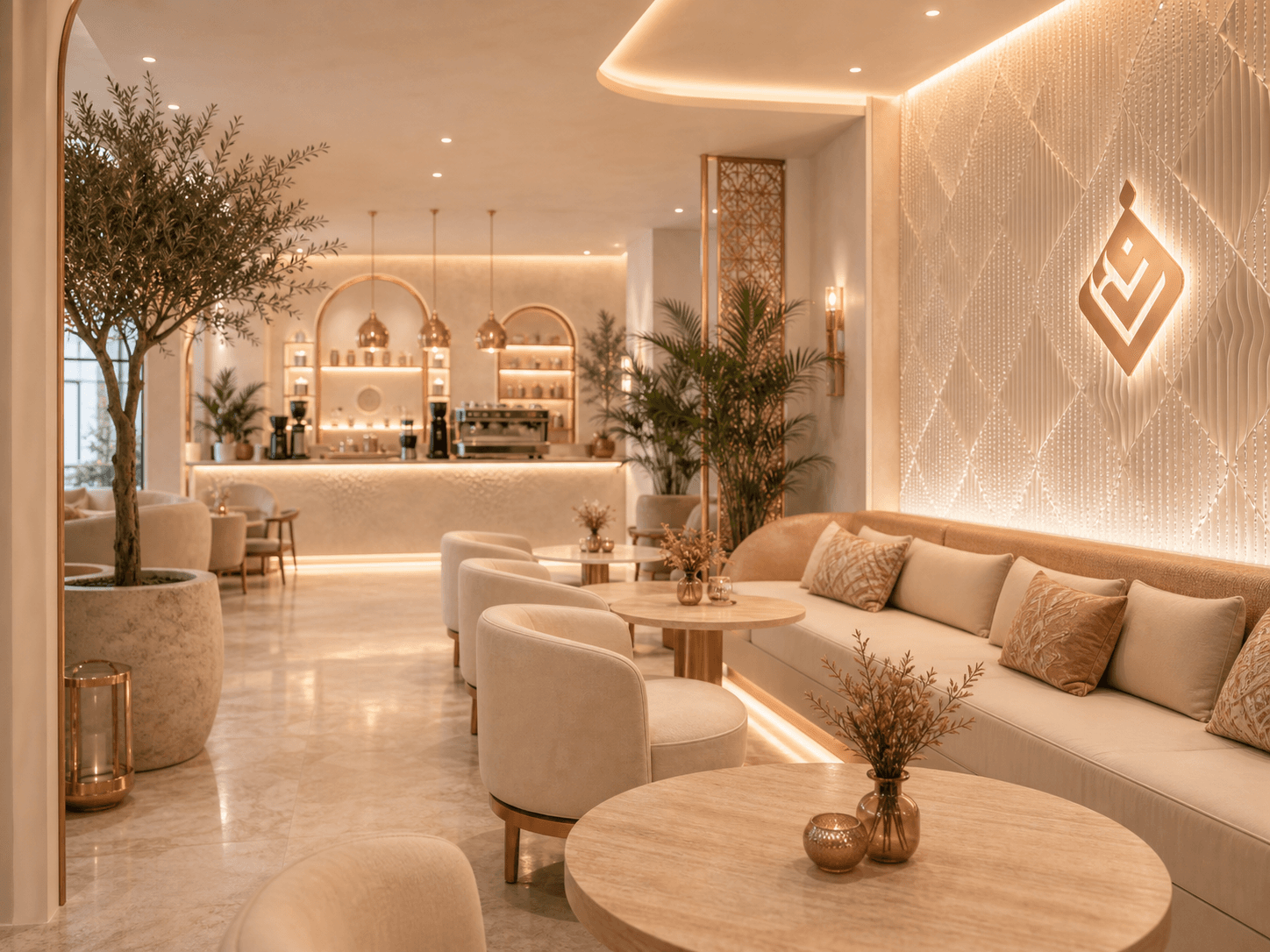 Warm Fenn Coffee House lounge with textured wall, cream seating, and rose-gold accents