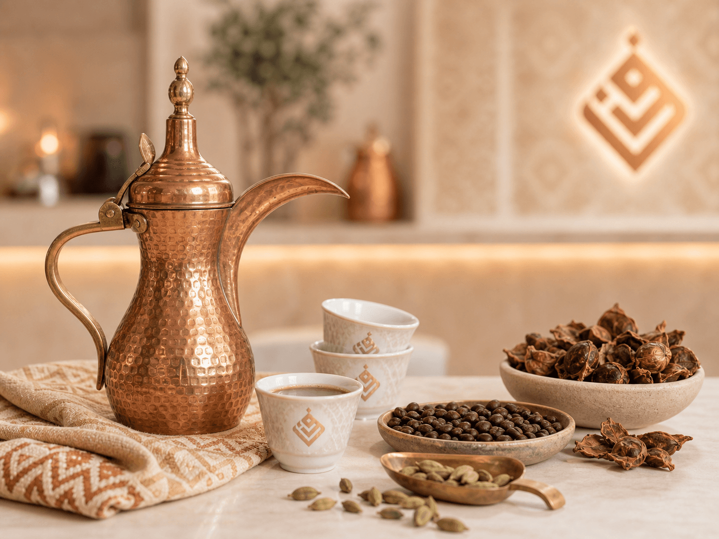 Traditional Yemeni coffee pot, cups, beans, cardamom, and qishr on a cafe table