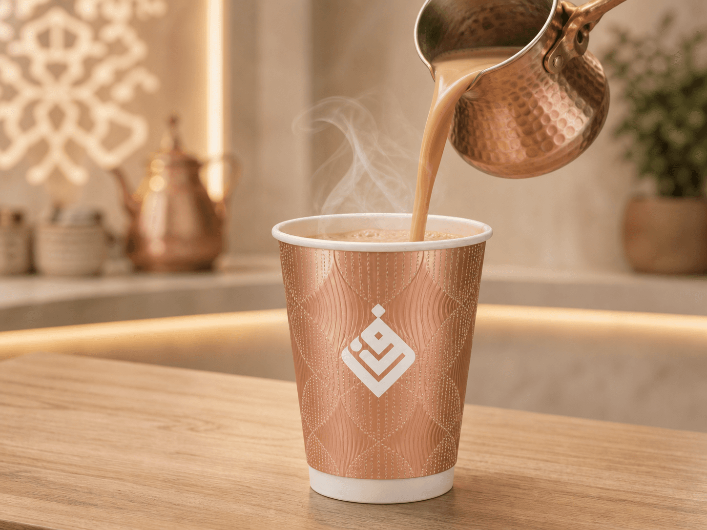 Hot Adeni tea being poured into a rose-copper branded paper cup