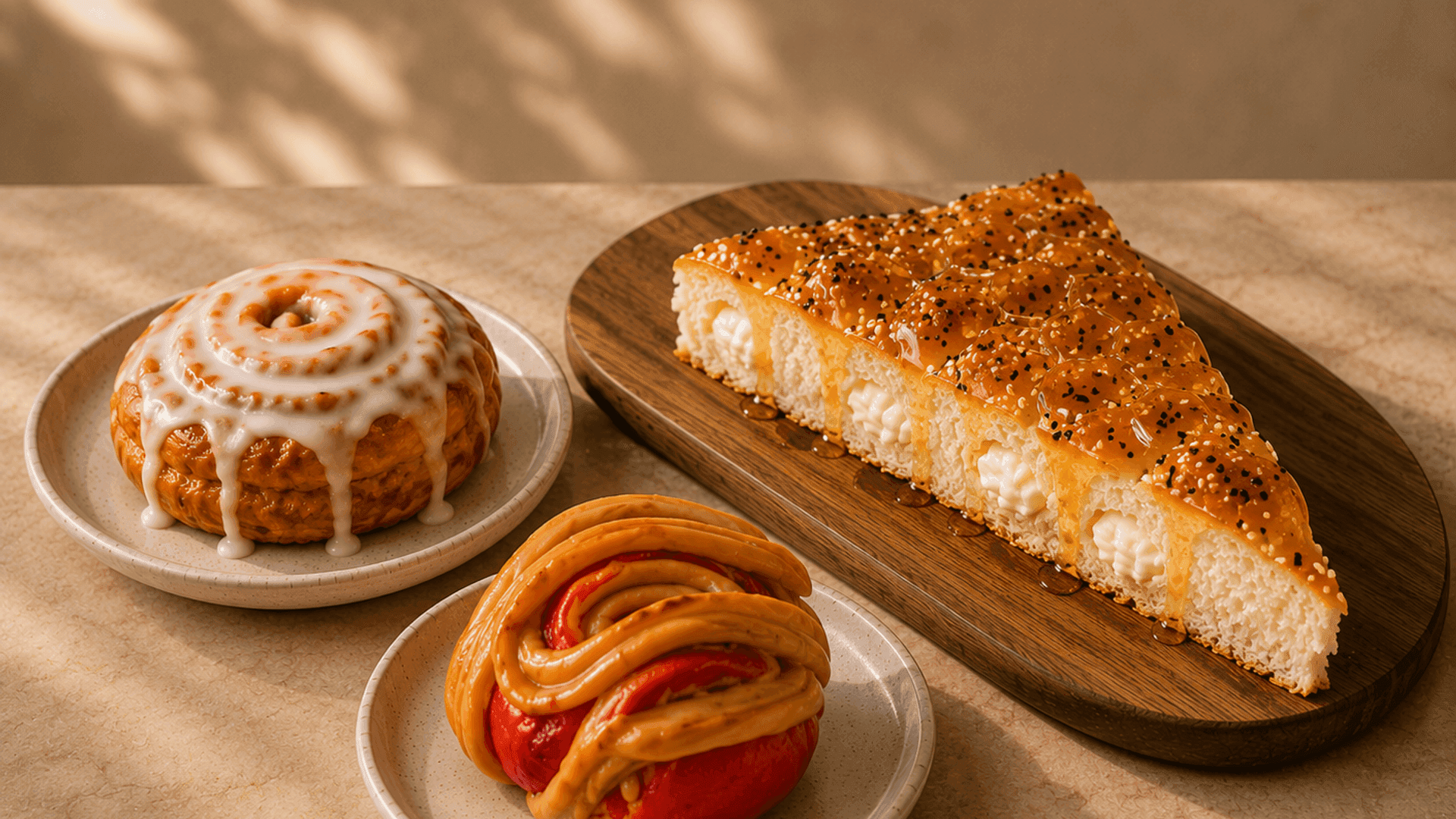 Honey-glazed pastry, cinnamon pastry, and red pastry arranged on warm cafe plates