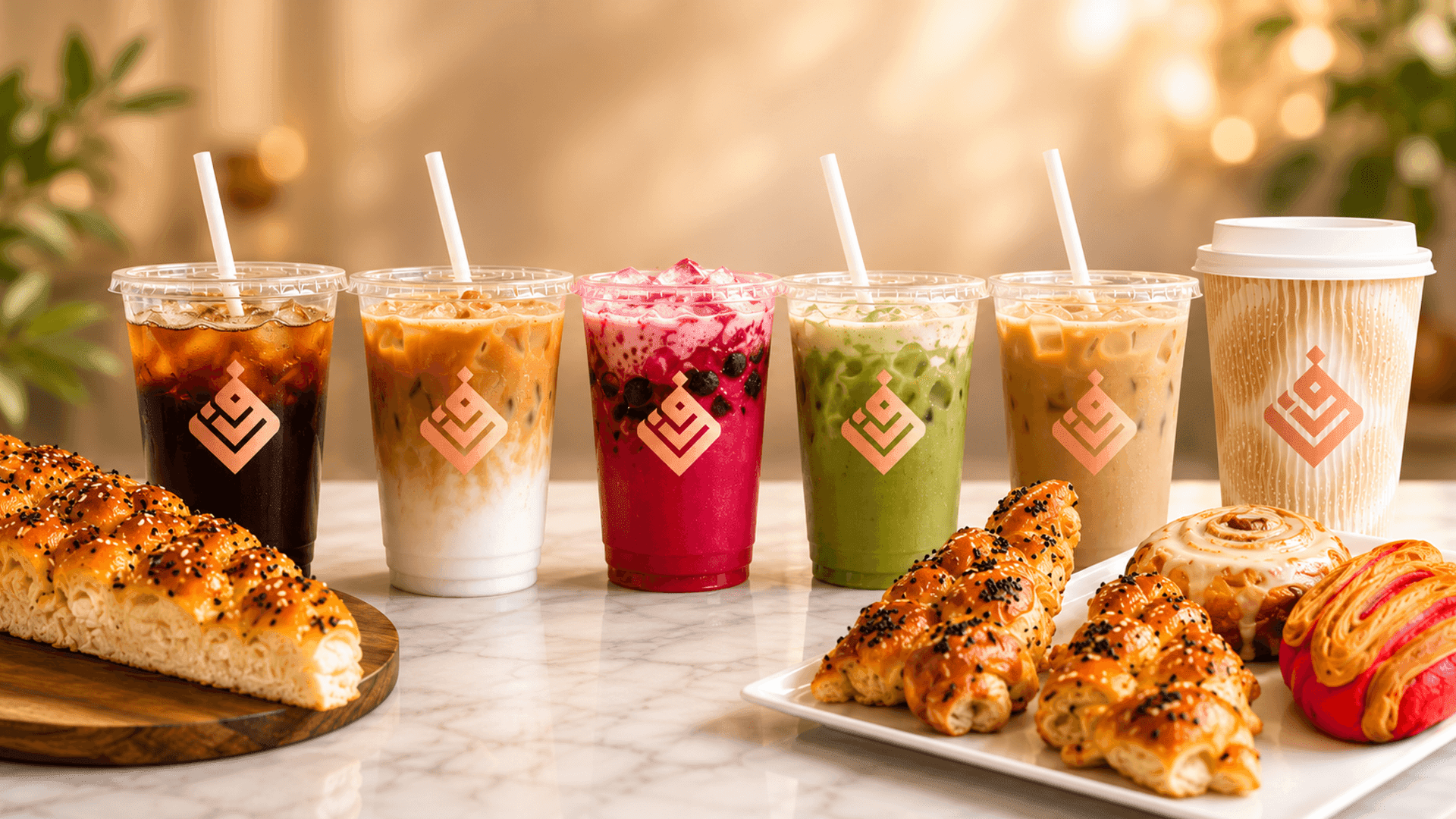 Fenn Coffee House drinks and pastries arranged on a warm marble cafe counter
