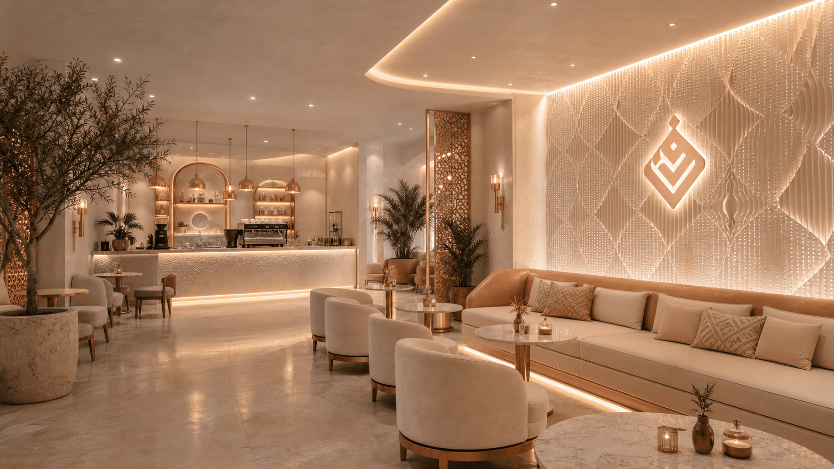 Luxury Yemeni coffee house interior with cream seating, warm lighting, and rose-gold accents