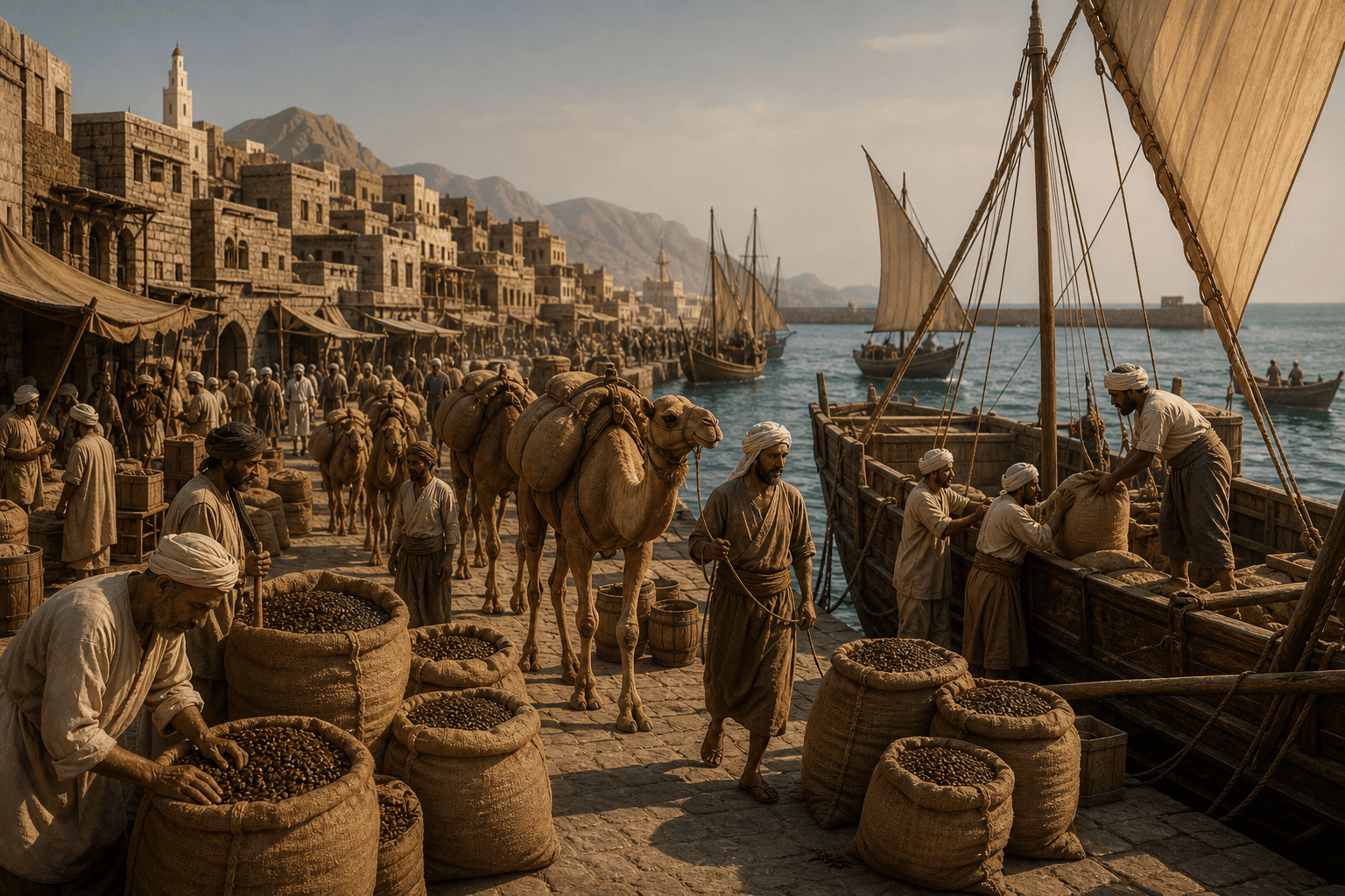 Historic Mokha port scene with coffee sacks, camels, merchants, and wooden dhows