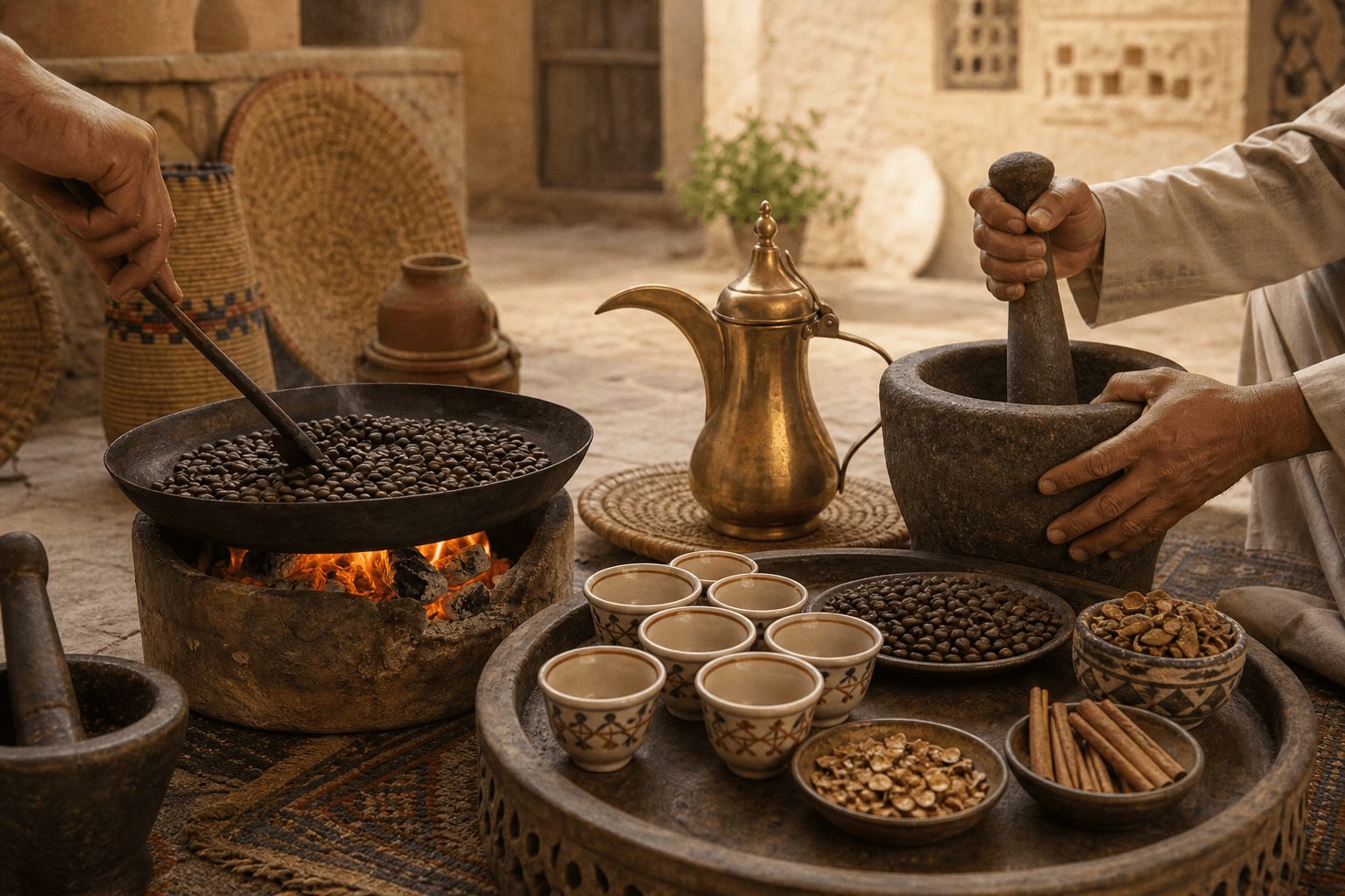 Traditional Yemeni coffee preparation with roasting pan, mortar, brass pot, and small cups