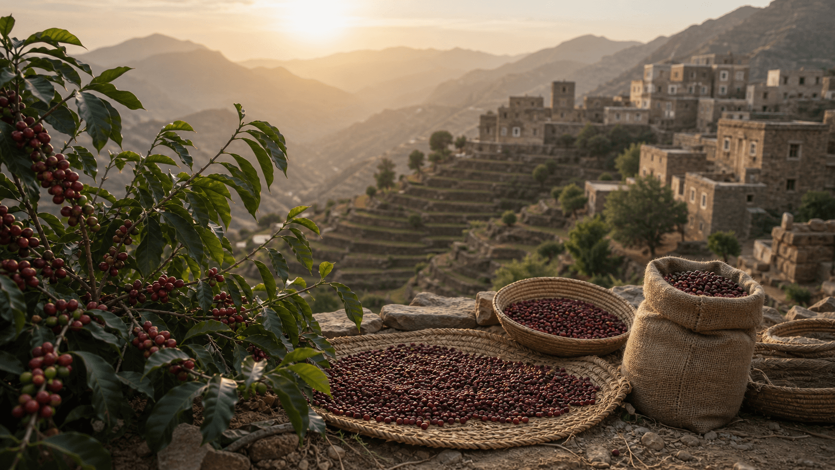 Coffee cherries drying on woven mats in the terraced mountains of Yemen